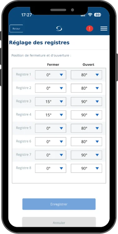 Écran de réglage des registres dans l'application
