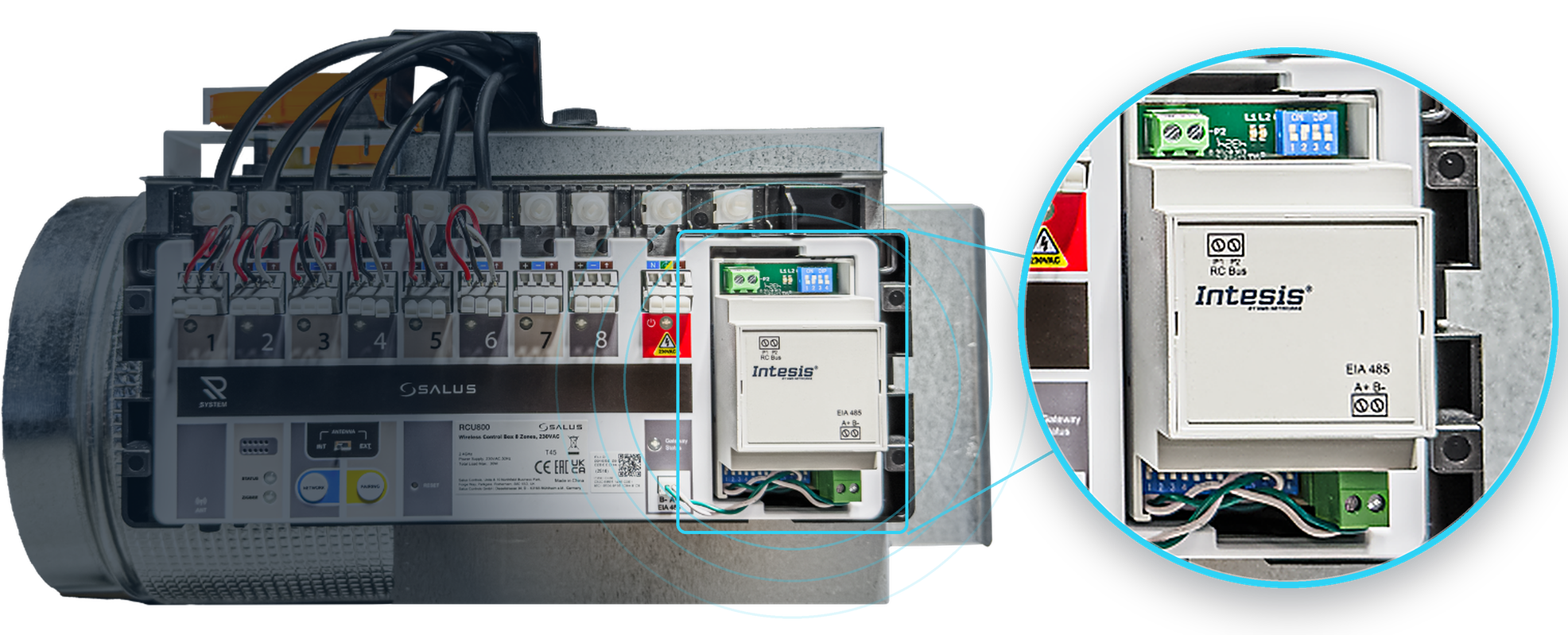 Zoom sur le module Intesis intégré au boîtier de contrôle